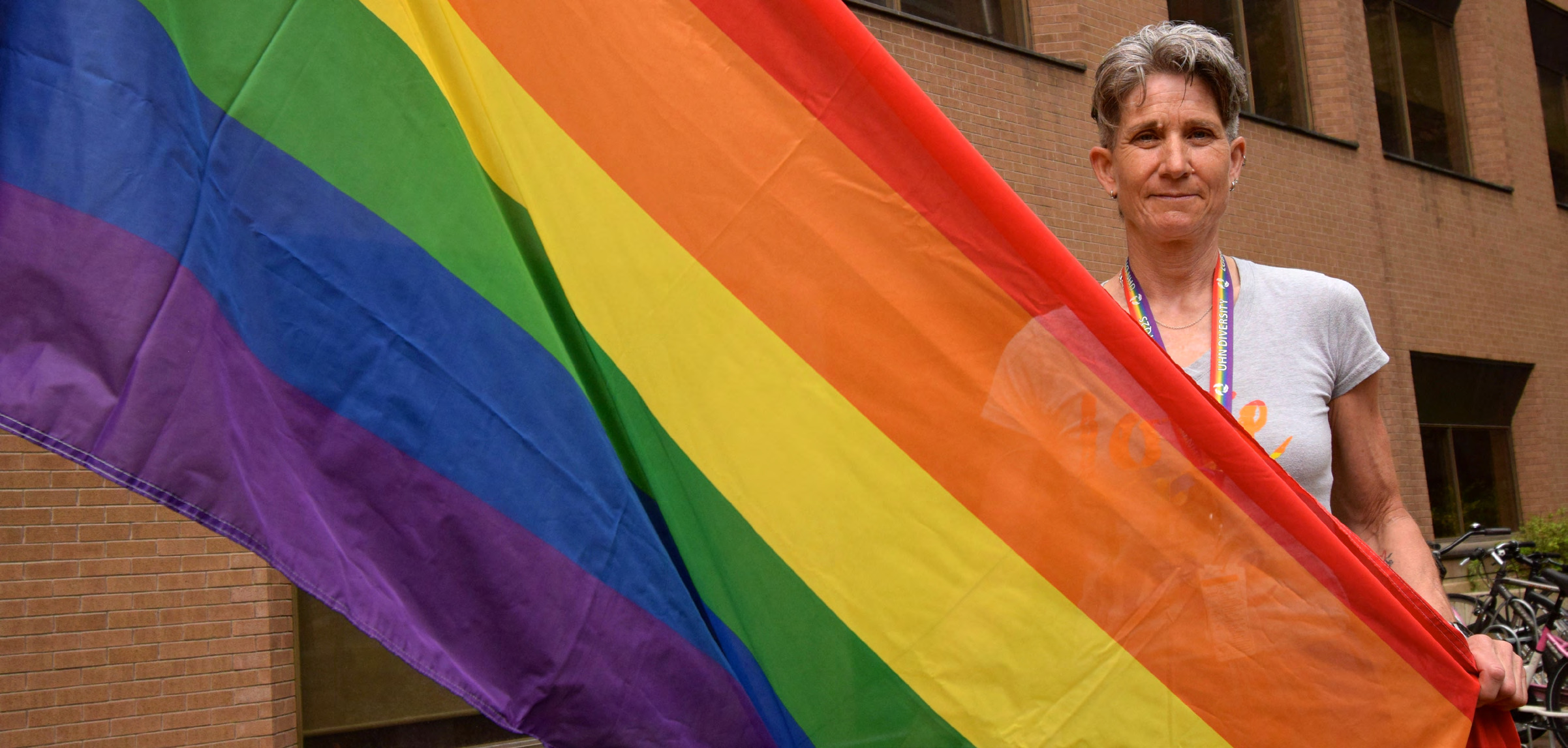 Pride flag raised outside Toronto General Hospital.
